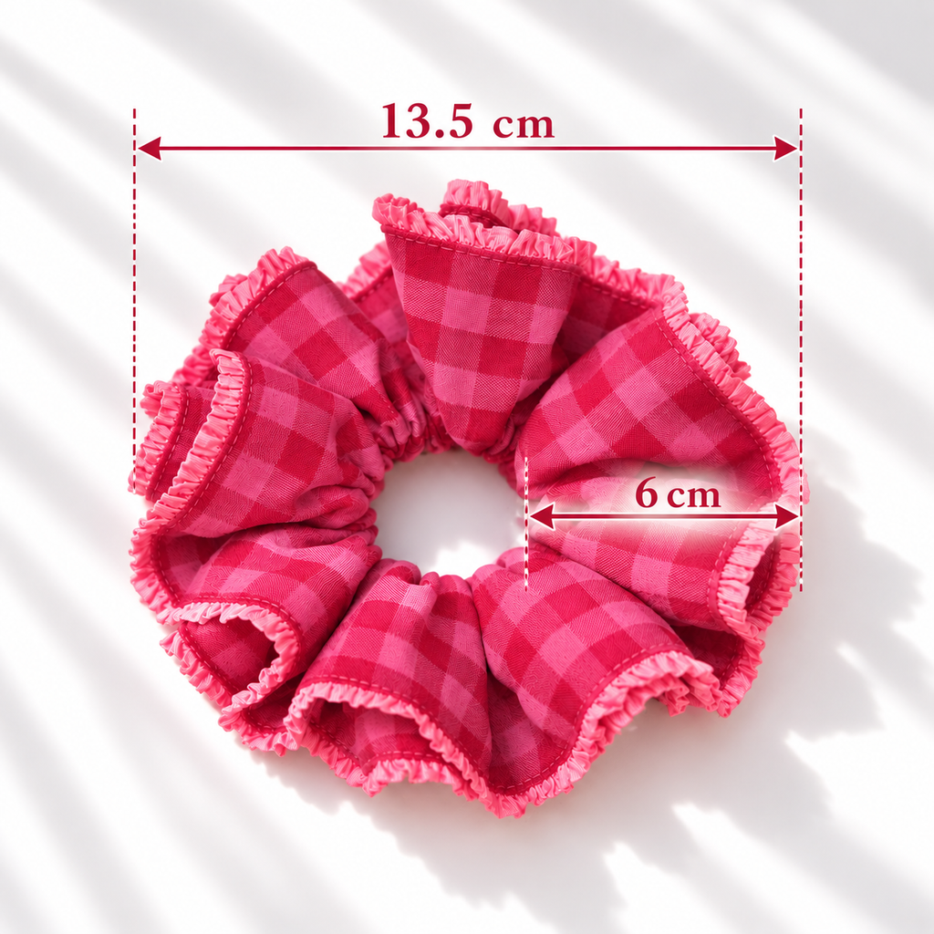 莓果桃紅格紋布藝髮圈 Berry Pink Gingham Fabric Scrunchie